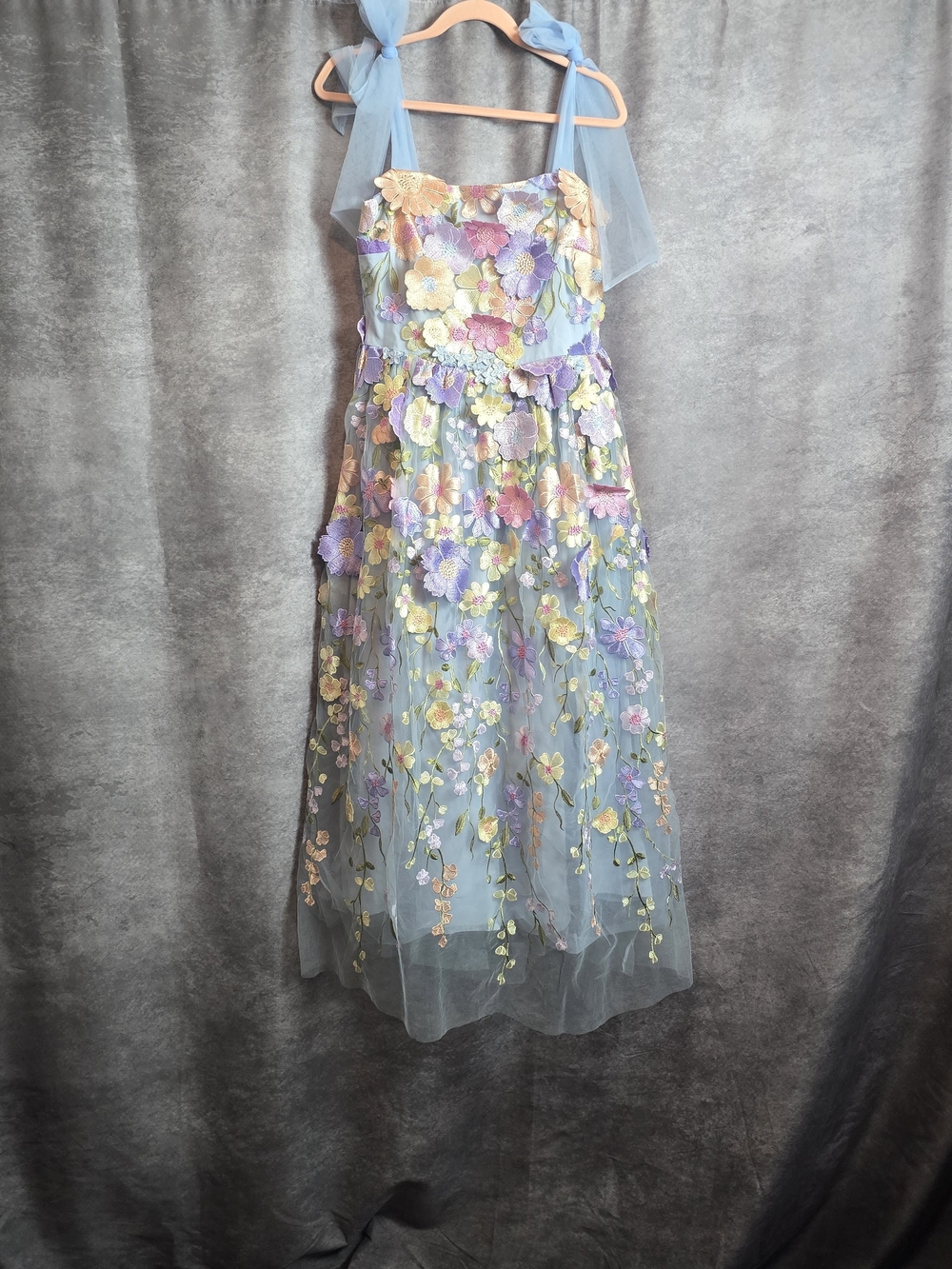Just Me Indigo Sky Gown Floral Midi Dress Light Blue Like New
